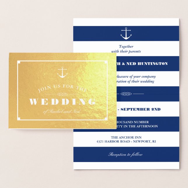Goldfolie & Navy Blue Stripes Nautische Hochzeit Folienkarte (Anzeige)