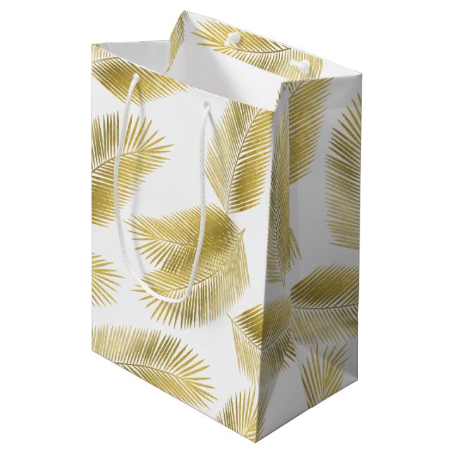 Goldfolie Palm Blätter Muster Mittlere Geschenktüte (Vorderseite Schrägansicht)