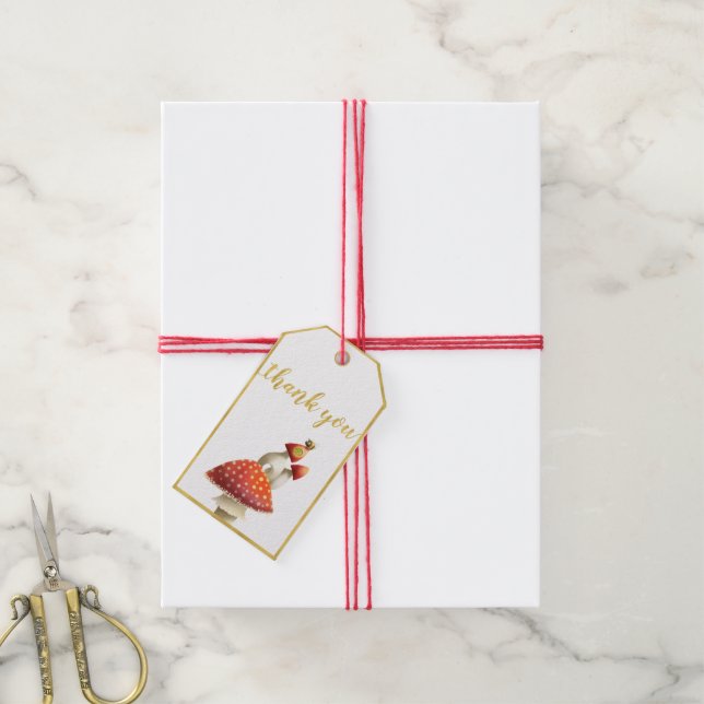 Goldfolie, Pilze & Bienen, Babydusche Geschenkanhänger (Mit Garn)
