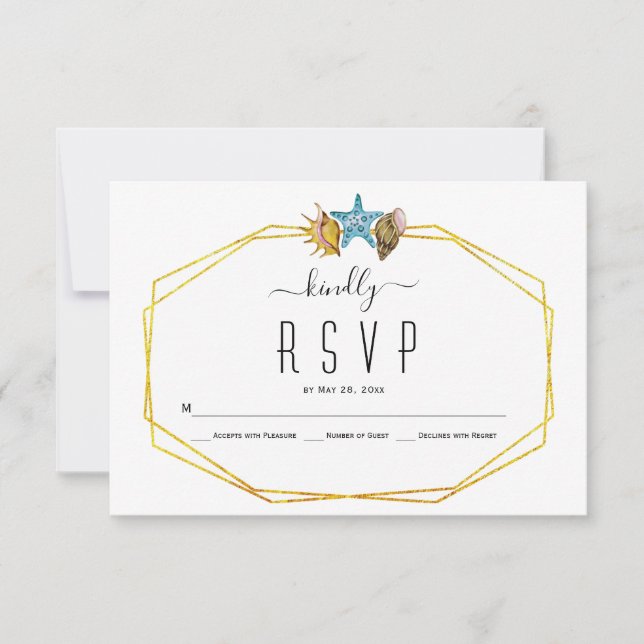 Goldfolie Polygon und Muscheln Hochzeit am Strand  RSVP Karte (Vorderseite)