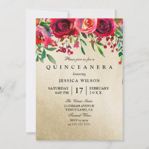 Goldfolie Rosa und Rote Rose Quinceanera Einladung
