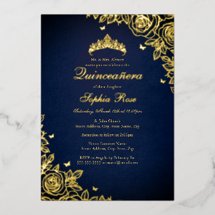 Goldfolie-Rose-Navy-Quinceanera-Geburtstag  Folieneinladung