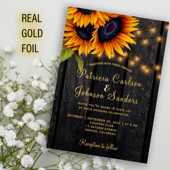 Goldfolie rustikale Sonnenblumen Stallholz Hochzei Folieneinladung (Von Creator hochgeladen)