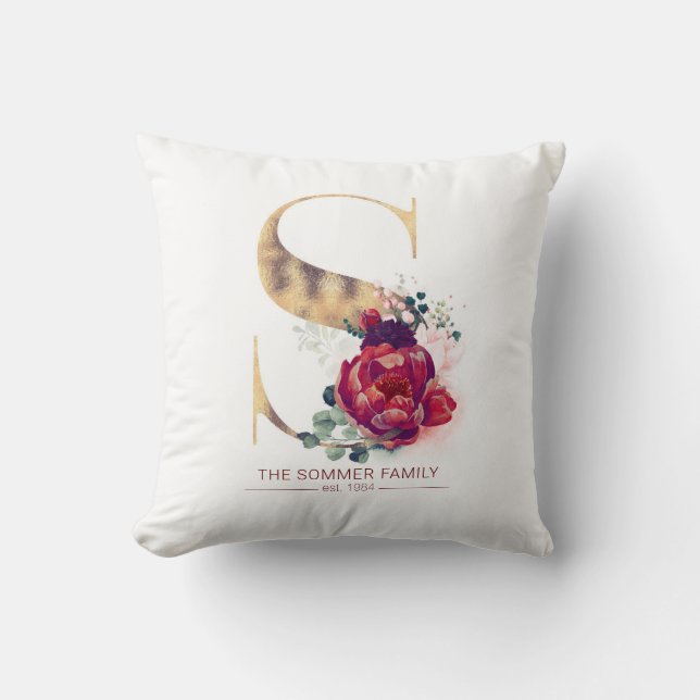 Goldfolie S Monogramm Blumenbeere Rot Kissen (Vorderseite)