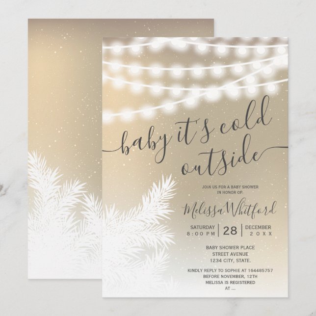 Goldfolie Schneeballlampen Babydusche Einladung (Vorne/Hinten)