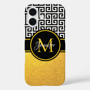 Goldfolie Schwarz-Weiß Griechischer Schlüssel Mono iPhone 16 Hülle