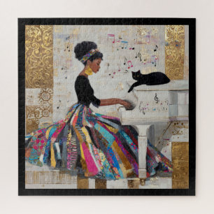 Goldfolie Schwarze Pianistin und Katze