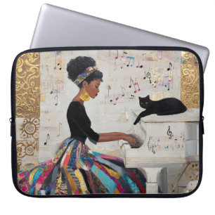 Goldfolie Schwarze Pianistin und Katze Laptopschutzhülle