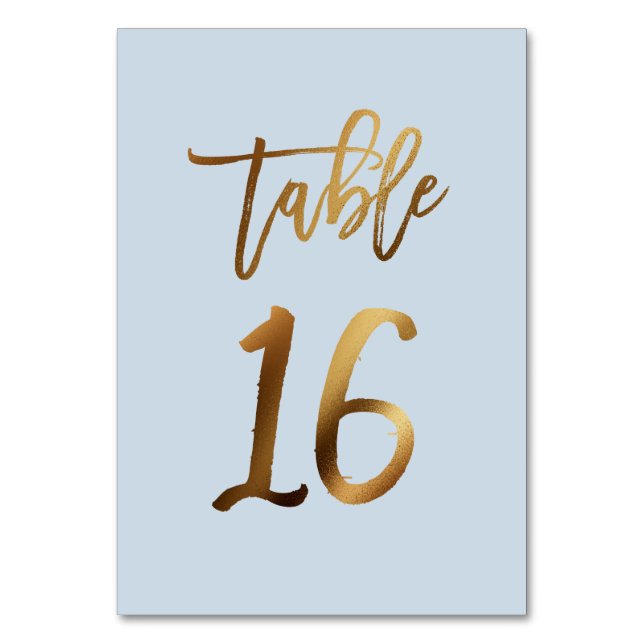 Goldfolie staubblaue Hochzeitsstiftung Tischnummer (Vorderseite)