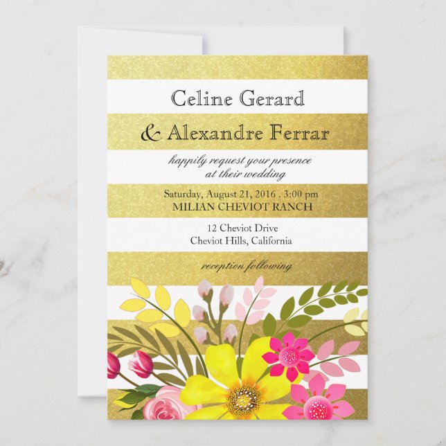 Goldfolie Streifen Folklore Blume Hochzeitsgelb Einladung (Vorderseite)