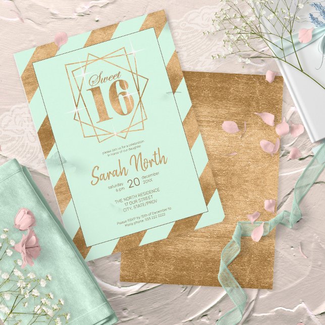 Goldfolie Streifen Sweet 16 Mint ID758 Einladung (Von Creator hochgeladen)