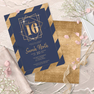 Goldfolie Streifen Sweet 16 Navy ID758 Einladung