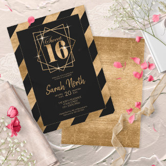 Goldfolie Streifen Sweet 16 Schwarz ID758 Einladung
