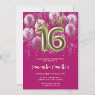 Goldfolie Süß 16 Birthday Balloons Hot Pink Einladung