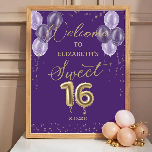 Goldfolie Sweet 16 Balloons Lila Willkommenszeiche Poster (Von Creator hochgeladen)