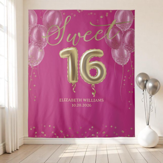 Goldfolie Sweet 16 Bday Balloons Hot Pink Hintergr Wandteppich (Von Creator hochgeladen)