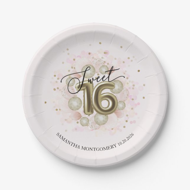 Goldfolie Sweet 16 Birthday Balloons Party Pink Pappteller (Vorderseite)