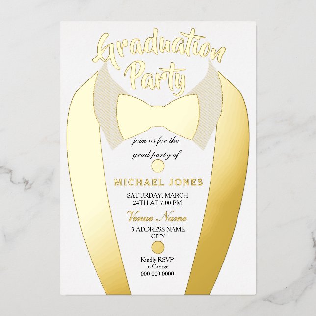 Goldfolie Tuxedo Anzug Abschluss Grad Party Folieneinladung (Vorderseite)