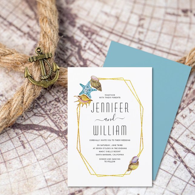 Goldfolie und Muscheln Hochzeit am Strand Einladung (Von Creator hochgeladen)