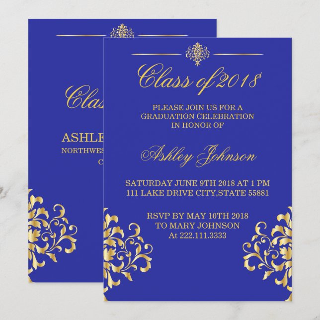 Goldfolie und Royal Blue Abschluss Einladung (Vorne/Hinten)