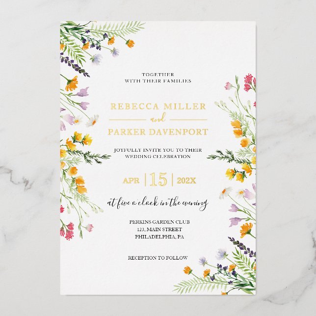 Goldfolie und Wildblumen Einladung zur Hochzeit (Vorderseite)