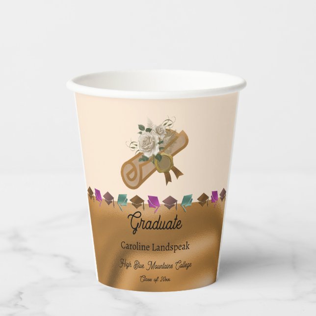 Goldfolie, White English Rose Abschluss 2025 Pappbecher (Vorderseite)