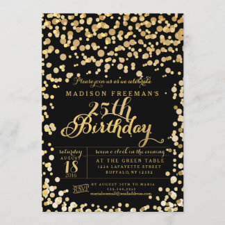 Goldfolieconfetti-Schwarz-Geburtstags-Party Einladung