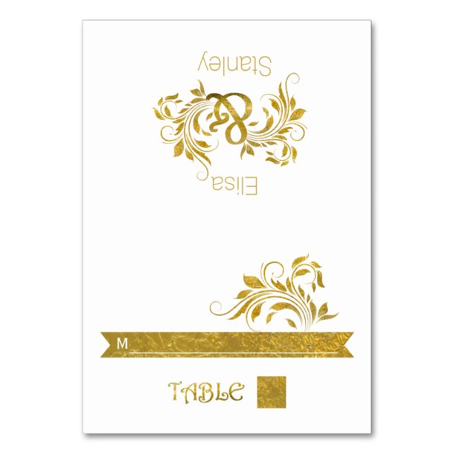 Goldfolienampersand & Scroll Hochzeitsbegleitkarte Tischnummer (Vorderseite)