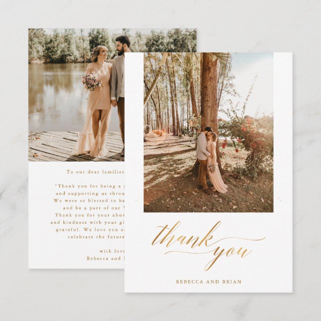 Goldfolienkalligrafie Custom 2 Foto Wedding Dankeskarte (Vorne/Hinten)