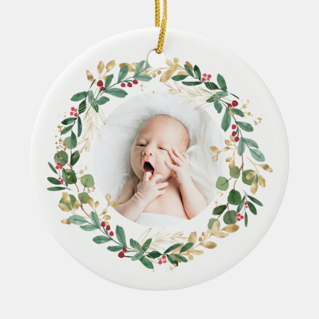 Goldfolienkranz | Baby First Christmas Modern Keramik Ornament (Vorne)