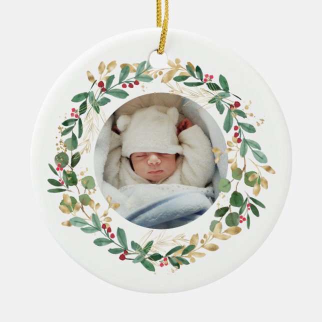 Goldfolienkranz | Baby First Christmas Pink Keramik Ornament (Vorne)