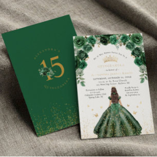 Goldforelle Quinceañera Emerald Green Floral Folieneinladung