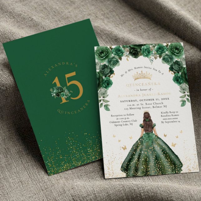 Goldforelle Quinceañera Emerald Green Floral Folieneinladung (Von Creator hochgeladen)