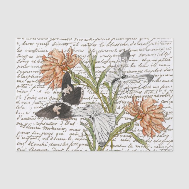 Goldfranzösischer Script Peony Butterfly Vintag Seidenpapier (Vorderseite)