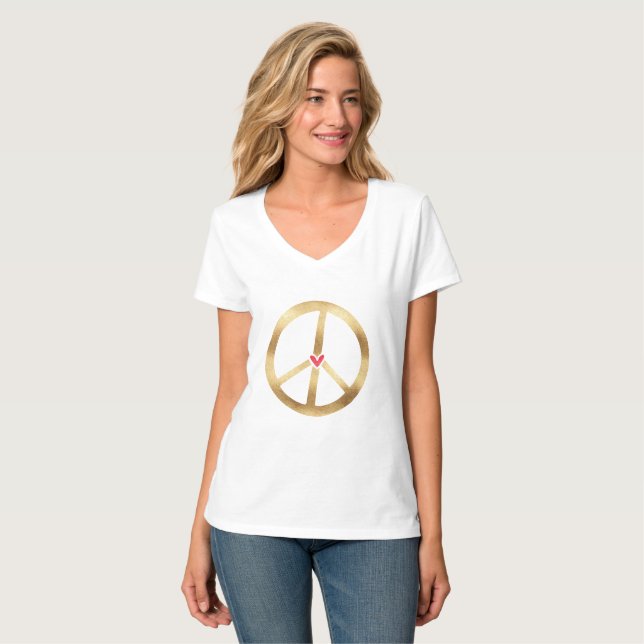 Goldfriedenszeichen mit Herzen T-Shirt (Vorderseite Vollansicht)