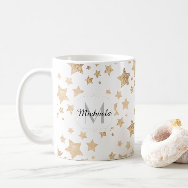 Goldfunkel Sterne Weihnachtsmongramm weiß Kaffeetasse (Mit Donut)