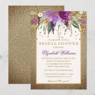 Goldfunkelndes Amethyst BlumenBrautparty Einladung