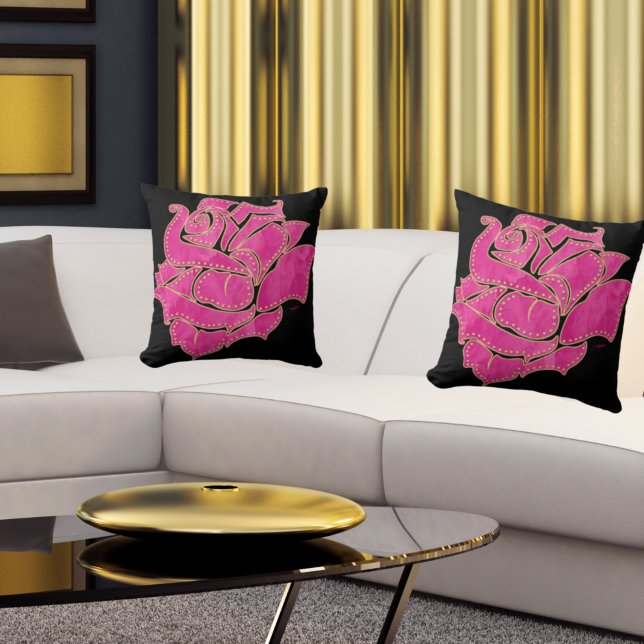 Goldgegossene, rosa Aquarellfarben-Rose, schwarze  Kissen (Von Creator hochgeladen)