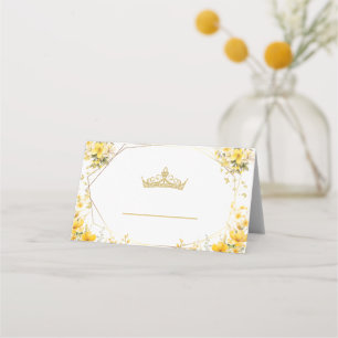 Goldgelbe Blumen-Tiara-Schmetterling Quinceañera Platzkarte