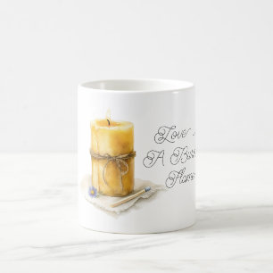 Goldgelbe Kerze Blaue Blume Liebe Brennende Flamme Kaffeetasse