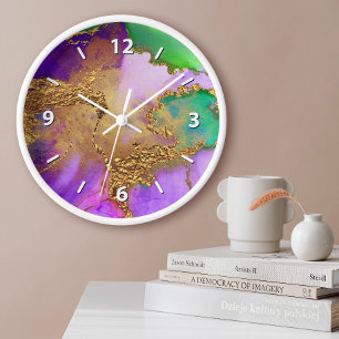 Goldgelbe lila Aqua-Chic-Glam-Age Aquarell Große Wanduhr