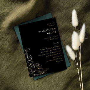 Goldgeprägtes florales Hochzeitszeremonie-Programm Folieneinladung