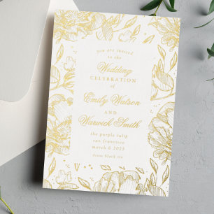 Goldgepresste, handgezogene Blumenhochzeit Folieneinladung