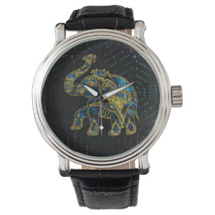 Goldgerahmter Elefant auf buntem Ohrschneckendekor Armbanduhr