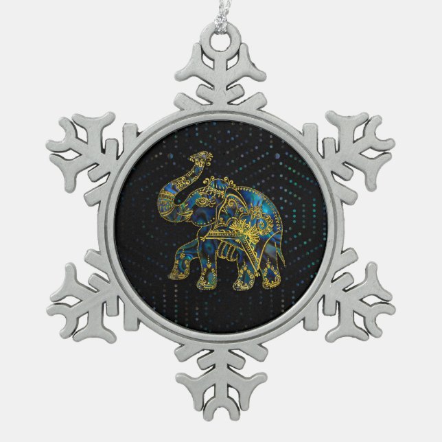 Goldgerahmter Elefant auf buntem Ohrschneckendekor Schneeflocken Zinn-Ornament (Vorderseite)
