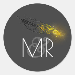 Goldgetauchte Feather Glitzer Black Wedding Runder Aufkleber