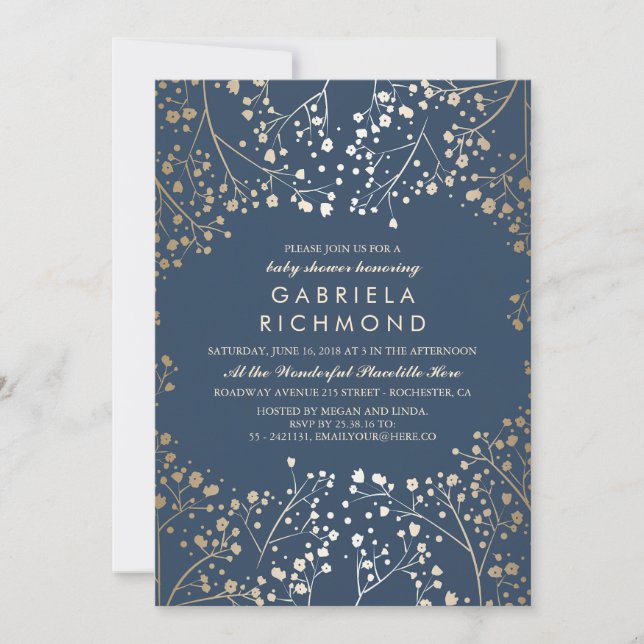 GoldGipskraut-Marine-elegante Baby-Dusche Einladung (Vorderseite)