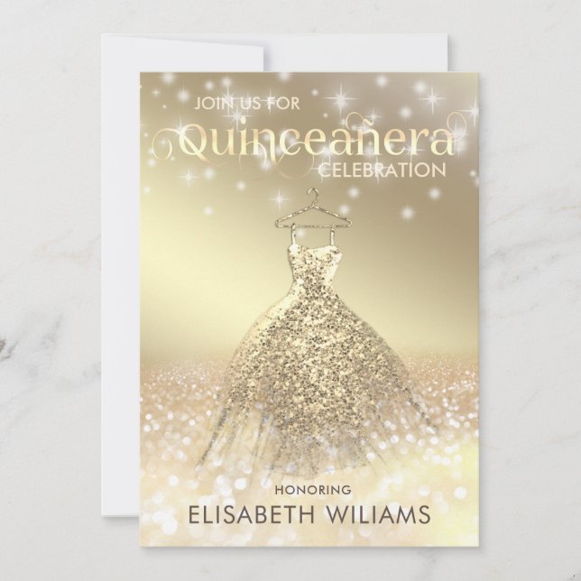 Goldglatter funkelndes Kleid ombre Quinceañera Einladung (Vorderseite)