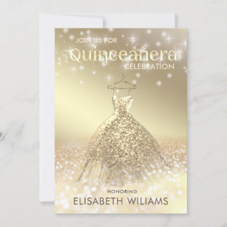 Goldglatter funkelndes Kleid ombre Quinceañera Einladung