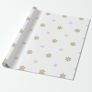 Goldglitter & rosa Schneeflocken auf weißem Weihna Geschenkpapier